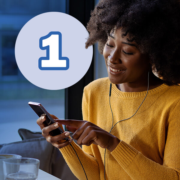 A woman opening her digital banking app, step 1 icon ontop.