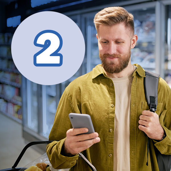 A man inside a store, step 2 icon ontop.