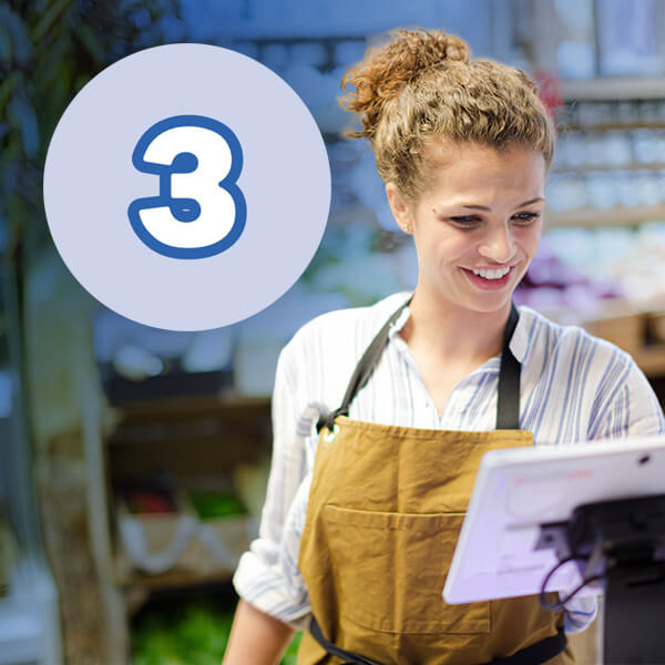 A cashier at the checkout line, step 3 icon ontop.