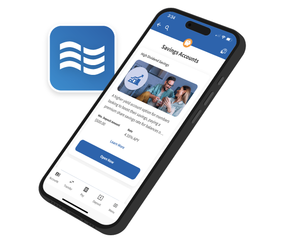 Smartphone showing USALLIANCE digital banking app screen with Savings Accounts information.
