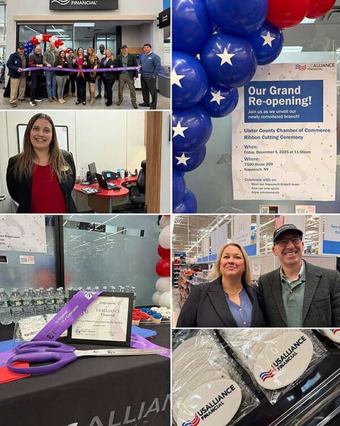 A collage of photos from the grand reopening of the USALLIANCE Financial Walmart of Napanoch branch, showing team members, a ribbon-cutting ceremony with the Ulster County Chamber of Commerce, and the renovated interior