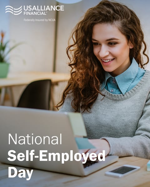 National Self-Employed Day social post featuring a smiling woman working on a laptop, with bold text overlay reading 'National Self-Employed Day'