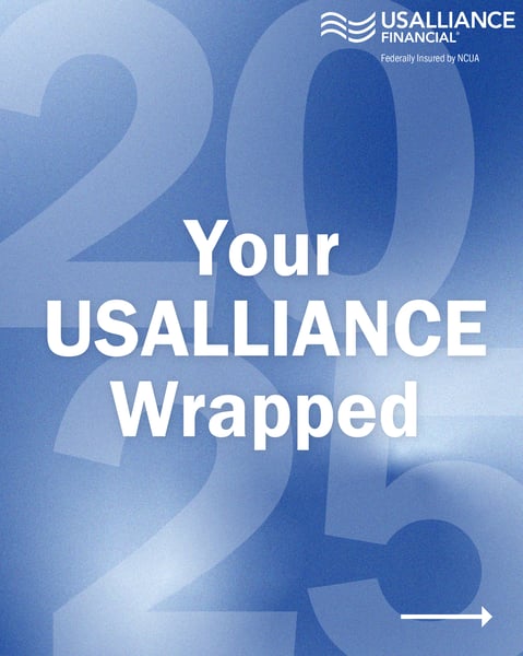 Your USALLIANCE Wrapped 2025 — a bold blue graphic with large '25' numerals celebrating the credit union's top milestones and member moments from the year