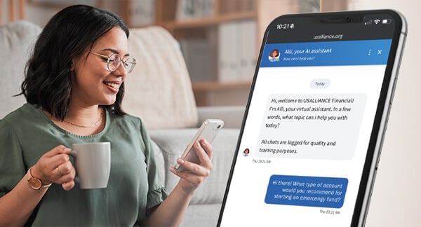 A woman smiles while using her phone, with a screen of alli chatbot helping her.